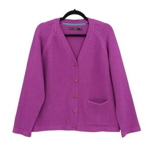 Gudrun Sjoden Cardigan Womens Large Purple Cotton Button Front Pocket Raglan